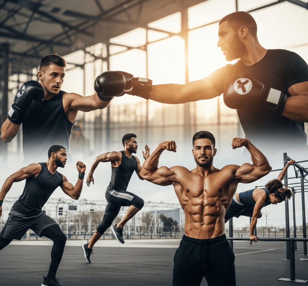 overall fitness with boxing, athletes, bodybuilding guy and calisthenics athlete